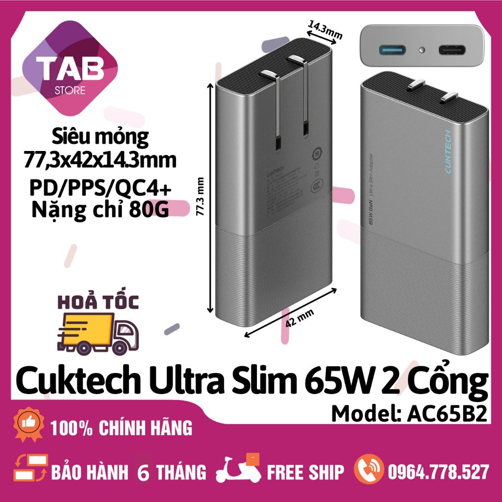 Sạc Cuktech 65w 2 Cổng C Ultra Slim PD/PPS/QC4.0+ AC65B2 - Chính Hãng
