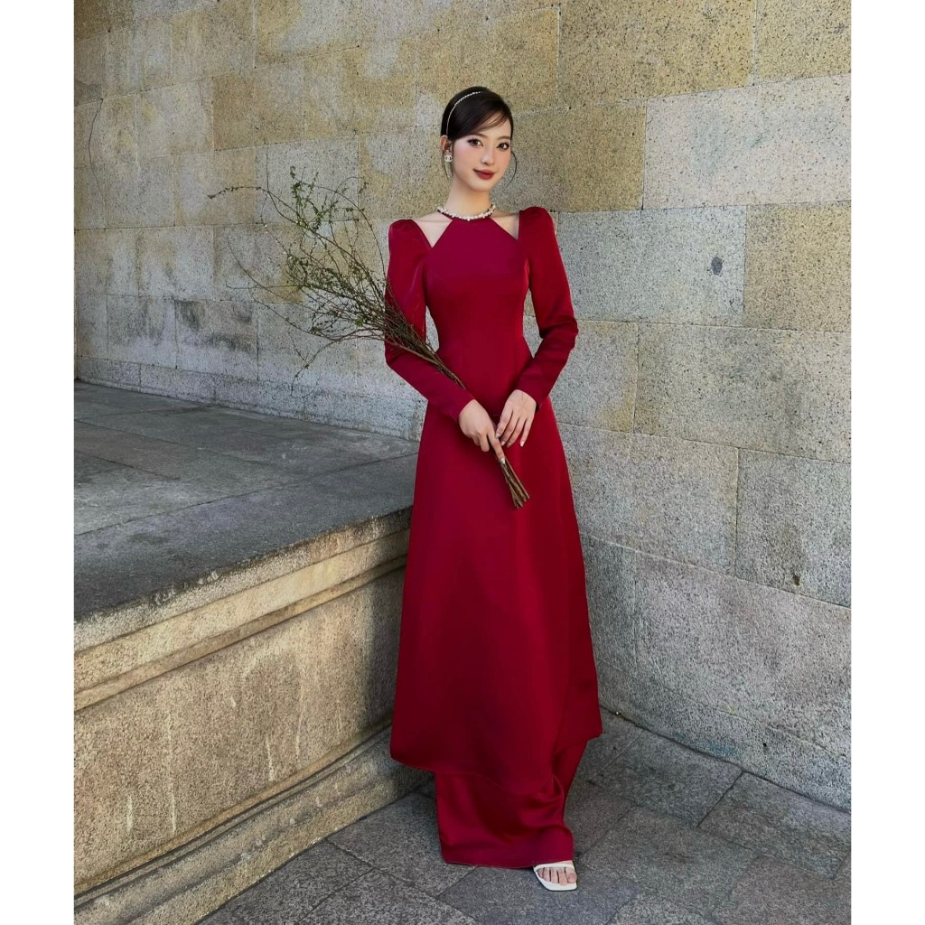 Set áo dài WAYO thiết kế cổ yếm đính đá cách tân hiện đại chụp hình Tết lung linh tặng kèm nơ đá