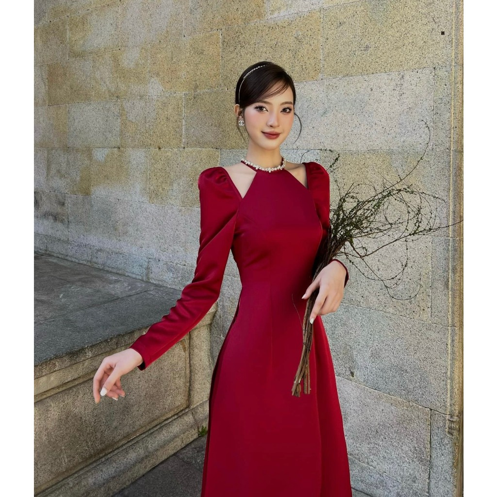 Set áo dài WAYO thiết kế cổ yếm đính đá cách tân hiện đại chụp hình Tết lung linh tặng kèm nơ đá