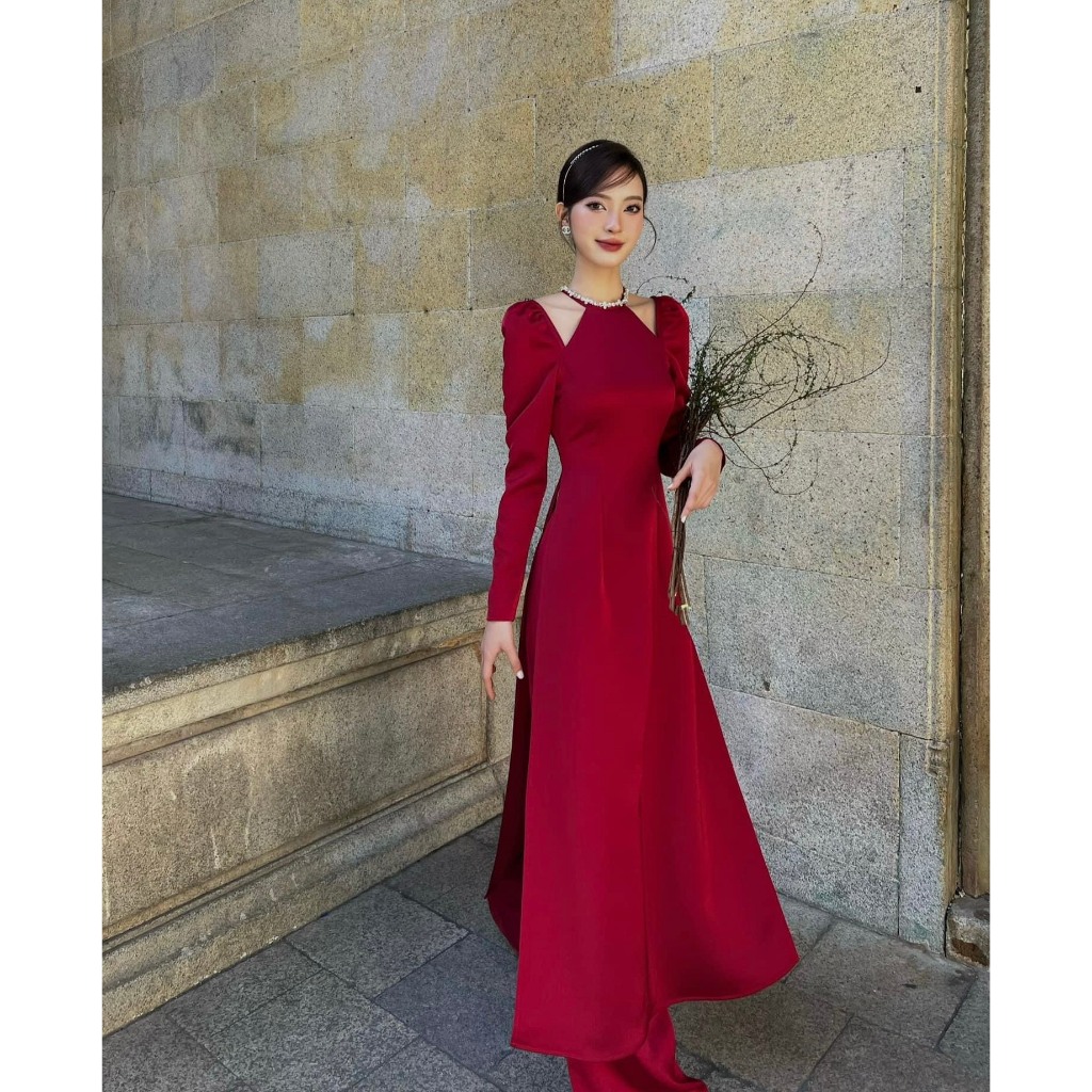 Set áo dài WAYO thiết kế cổ yếm đính đá cách tân hiện đại chụp hình Tết lung linh tặng kèm nơ đá