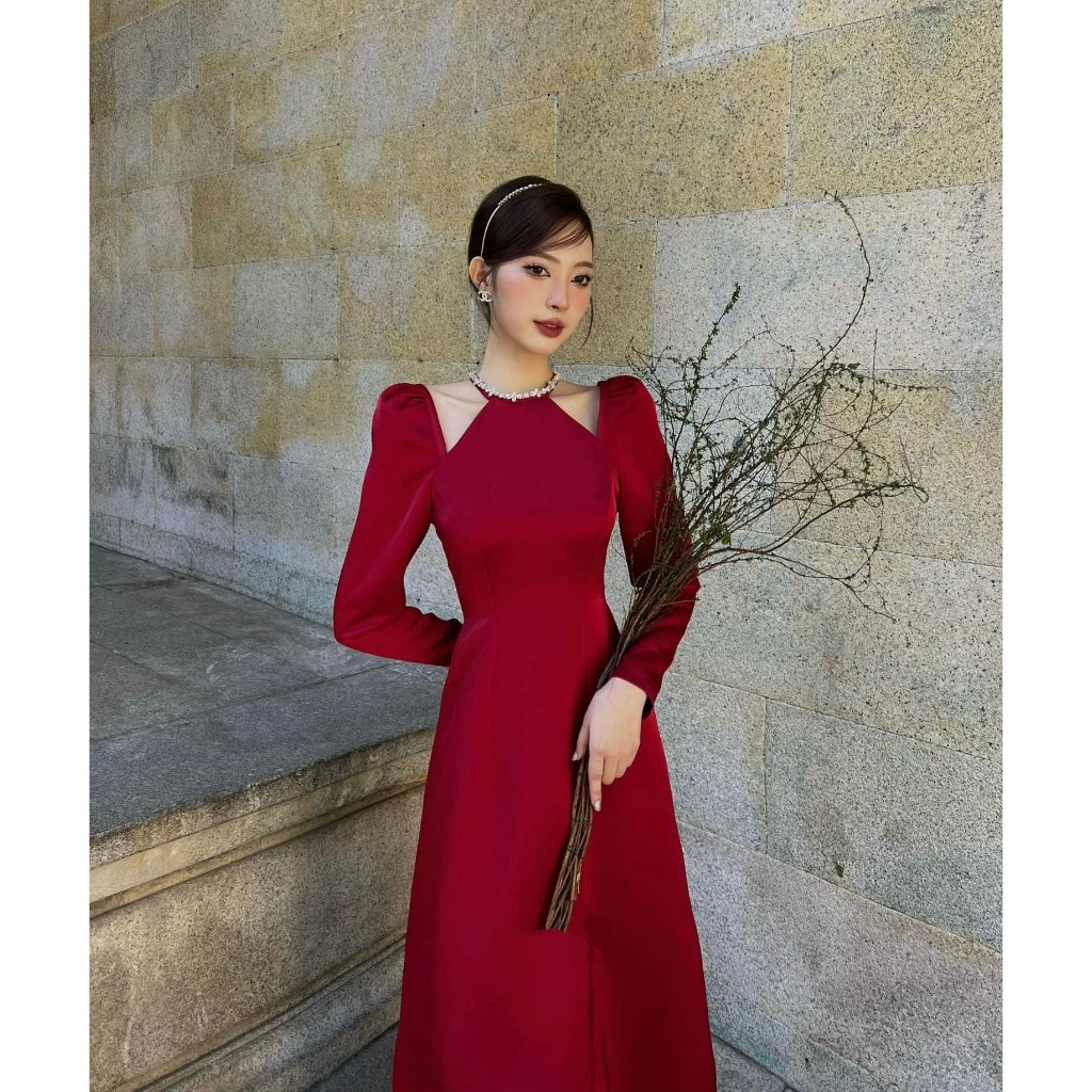 Set áo dài WAYO thiết kế cổ yếm đính đá cách tân hiện đại chụp hình Tết lung linh tặng kèm nơ đá