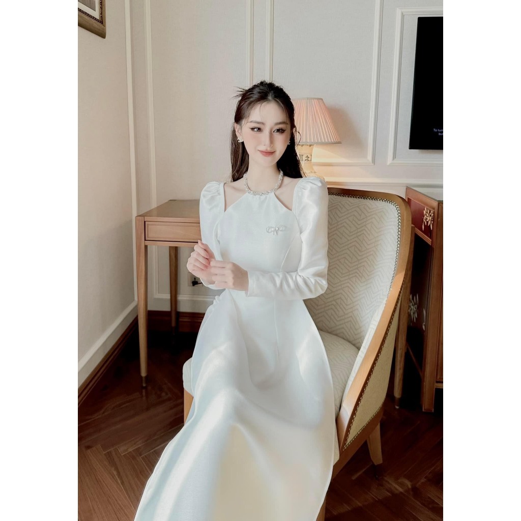 Set áo dài WAYO thiết kế cổ yếm đính đá cách tân hiện đại chụp hình Tết lung linh tặng kèm nơ đá