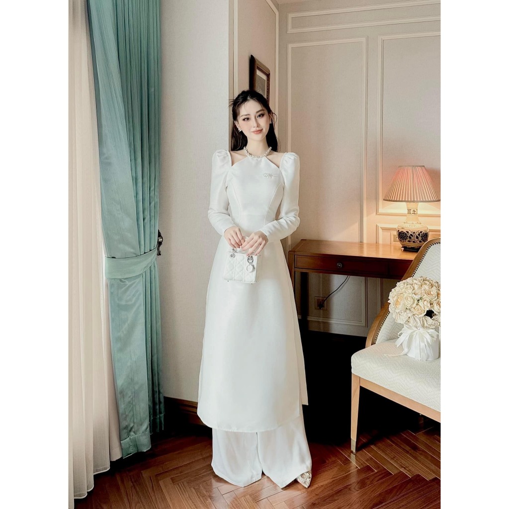 Set áo dài WAYO thiết kế cổ yếm đính đá cách tân hiện đại chụp hình Tết lung linh tặng kèm nơ đá