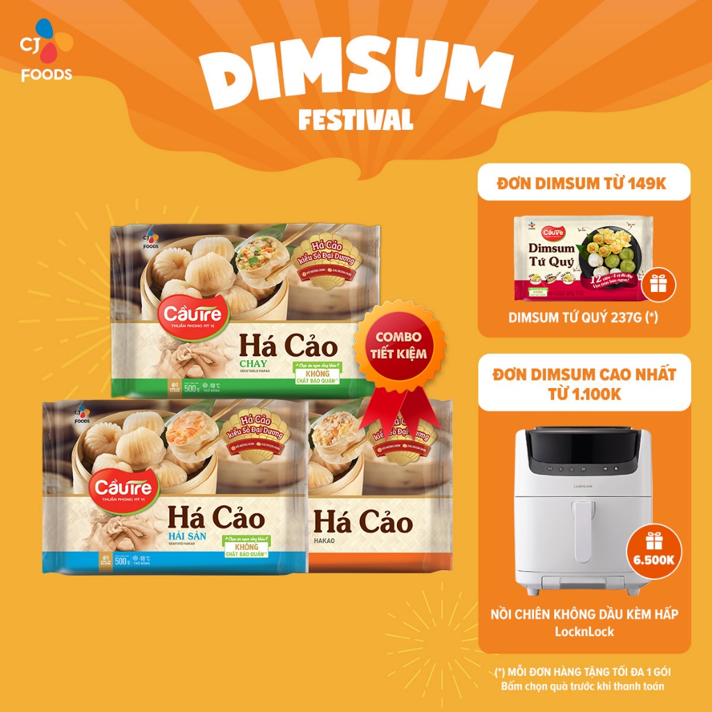 [Tặng Dimsum đơn từ 149k] Combo 03 Há cảo Cầu Tre nhân Hải sản, nhân Thịt, nhân Chay (500g x 3 gói)