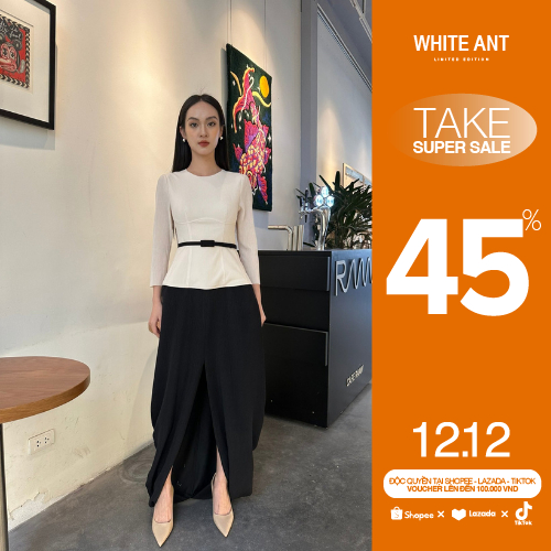 Đầm Dáng Dài Xẻ Trước Tạo Khối Nữ White Ant BLAKE PLEATED MIDI DRESS 120121002.002