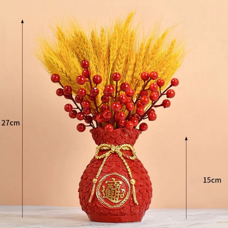 Set Bình Cắm Hoa Túi Tiền Kèm Cành Đào Đông Đỏ Và Lúa Mạch