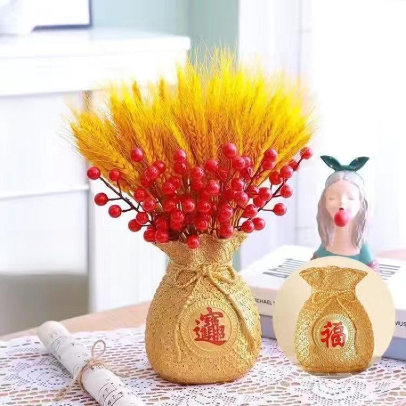 Set Bình Cắm Hoa Túi Tiền Kèm Cành Đào Đông Đỏ Và Lúa Mạch