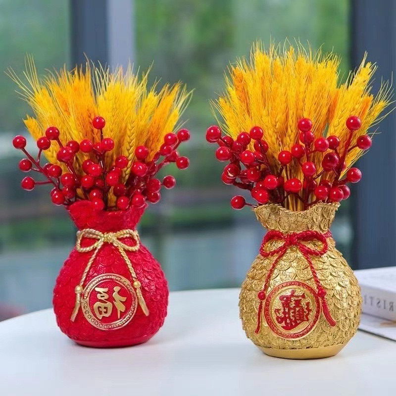 Set Bình Cắm Hoa Túi Tiền Kèm Cành Đào Đông Đỏ Và Lúa Mạch