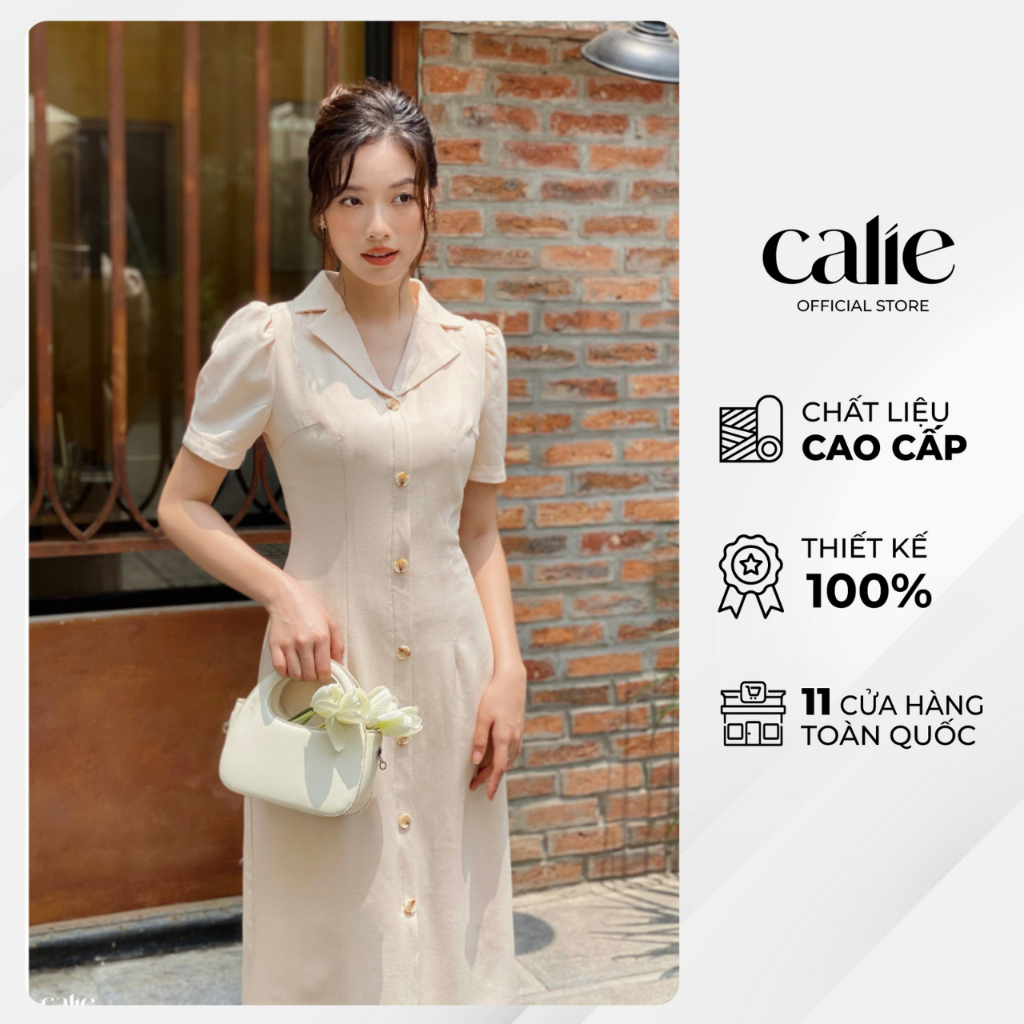 Váy midi dáng A CALIE cổ 2 ve đính cúc nẹp, đầm midi mẫu mới tôn dáng chất liệu vải tuyst si hoạt tiết Calie VM115
