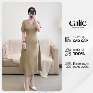 Váy nữ dáng a cổ v vạt lệch đính cúc calie va329