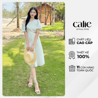 Váy midi cổ chéo tay bồng khoét eo nhún chân váy Calie VM097