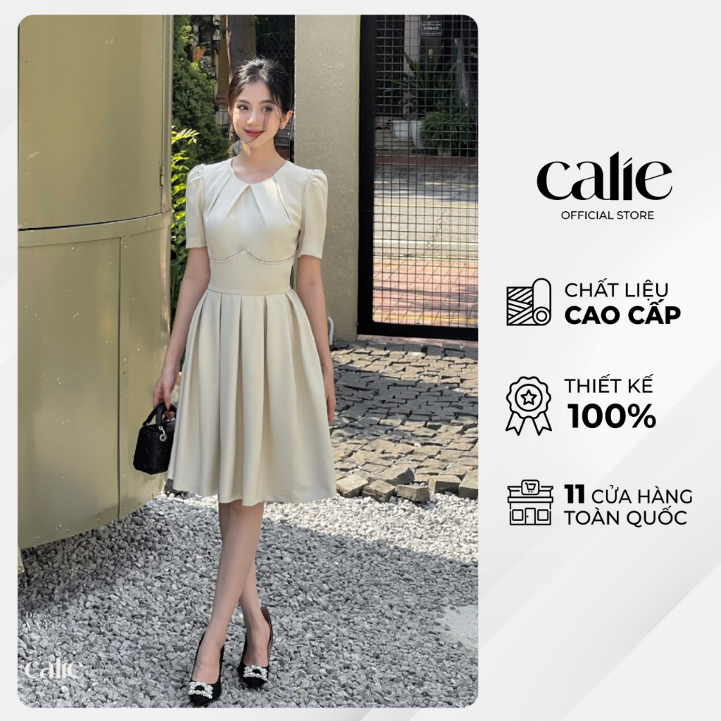 Váy nữ dáng A xếp ly, cổ diễu chỉ chân ngực chất liệu chéo Hàn CALIE VA332