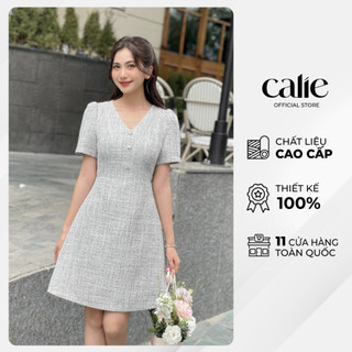 Váy nữ dáng a cổ v tay bồng đính cúc calie chất dạ text cao cấp va355