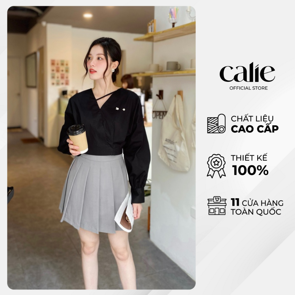Áo croptop nữ cổ V đặt dây trang trí tay dài Calie AC222