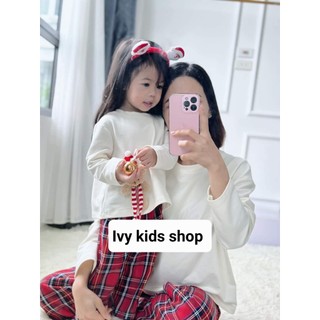 Bộ đồ thu đông mẹ bé - áo thun tay dài kèm quần suông họa tiết caro dày dặn