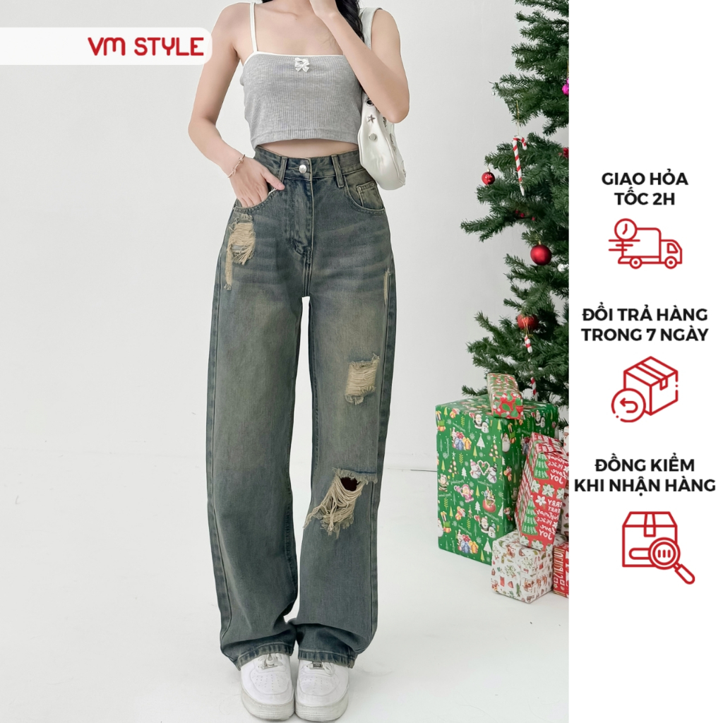 Quần jean denim nữ VMSTYLE ống rộng cạp cao rách kiểu lai thường cá tính, năng động đi chơi, dạo phố 300 - QJR00154