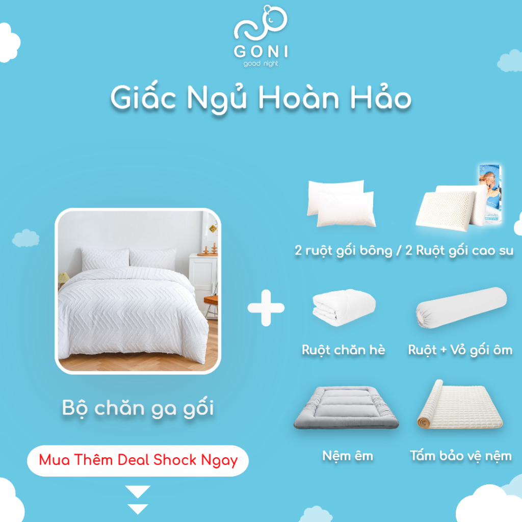 Bộ chăn ga gối màu trắng Goni thêu nổi Tici 1m x 2m, 1m2 x 2m, 1m4 x 2m, 1m6 x 2m, 1m8 x 2m, 2m2 x 2m