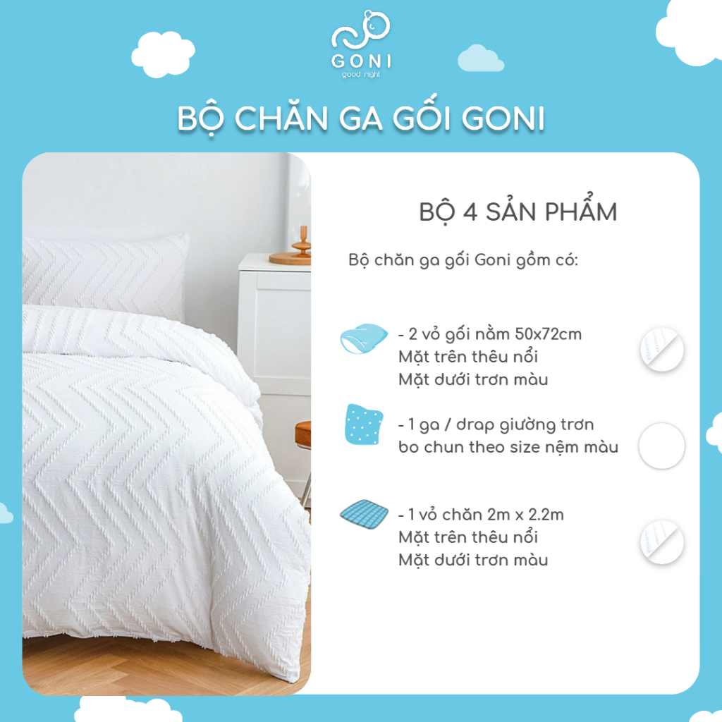 Bộ chăn ga gối màu trắng Goni thêu nổi Tici 1m x 2m, 1m2 x 2m, 1m4 x 2m, 1m6 x 2m, 1m8 x 2m, 2m2 x 2m