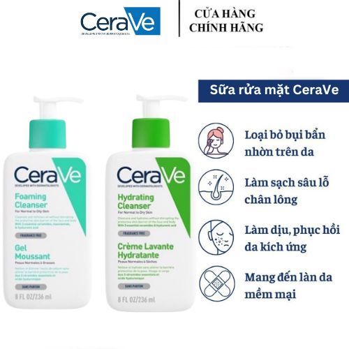 Sữa Rửa Mặt CERAVE Làm Sáng Da , Duy Trì Độ Ẩm, Không Gây Mụn, Mọi Loại Da, Da Dầu , Da Mụn, Da Khô 236ml
