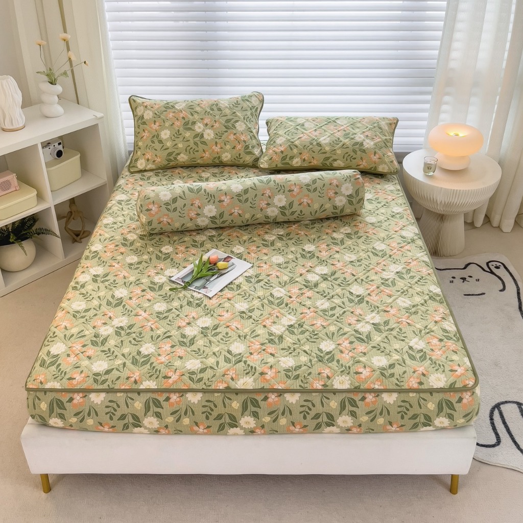 Ga Gối Cotton Đũi Cát Trần Mịn Decor Bộ Drap Giường Chần Bông Kèm vỏ Ôm Đồn Bộ Kích Thước 1m6 1m8 2m2