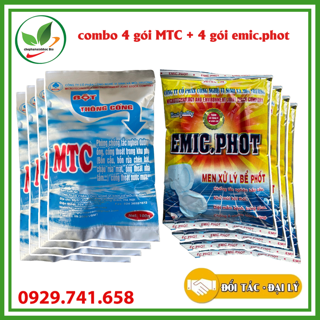 Combo 4 gói bột thông cống MTC 100g + 4 gói men vi sinh Emic Phot 200g