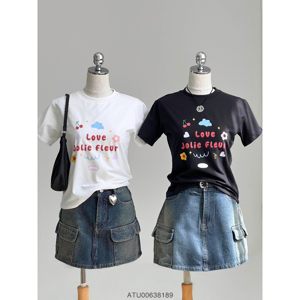 Áo thun babytee nữ VMSTYLE tay ngắn cổ tròn in chữ JOLIE FLEUR và họa tiết dễ thương đi học, đi chơi 37246 - ATU00638