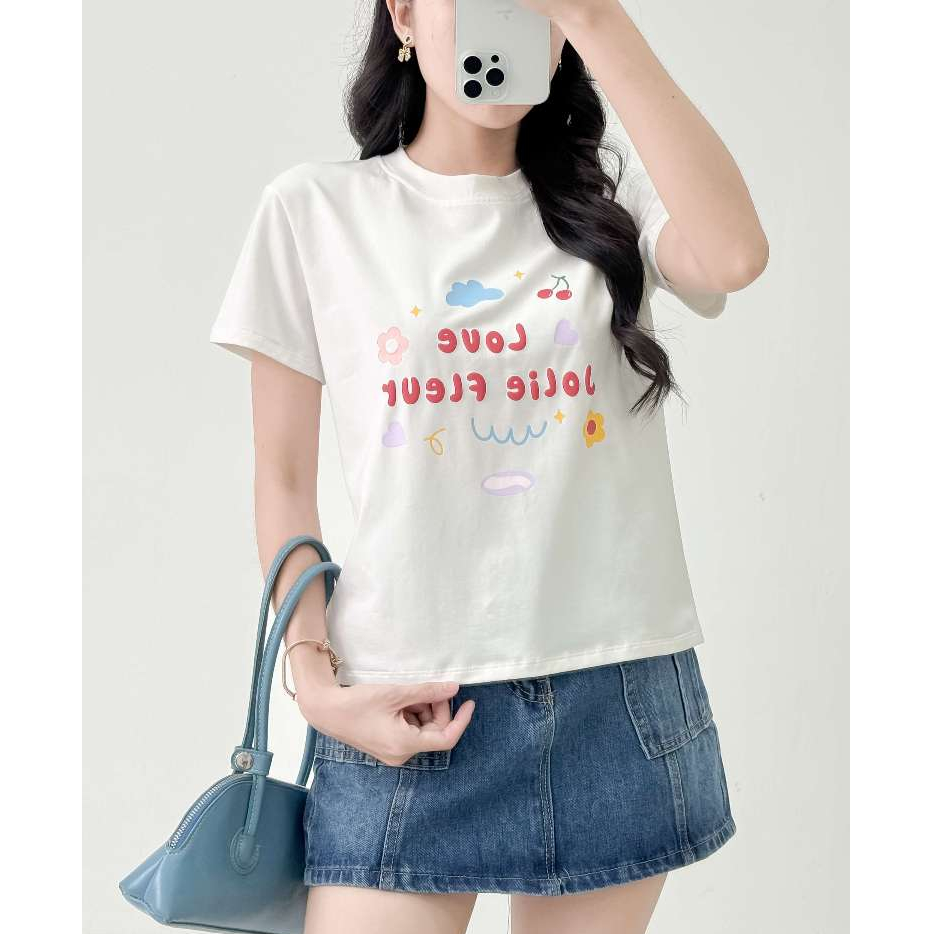 Áo thun babytee nữ VMSTYLE tay ngắn cổ tròn in chữ JOLIE FLEUR và họa tiết dễ thương đi học, đi chơi 37246 - ATU00638