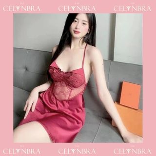 Váy ngủ lụa phối ren thêu hoa dây đan chéo lưng gợi cảm THE CELYNBRA - V55