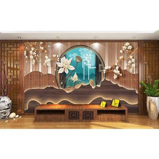 Tranh dán tường 3d trang trí decor phòng khách lam sóng hoa sen trắng 1 có sẵn keo dán
