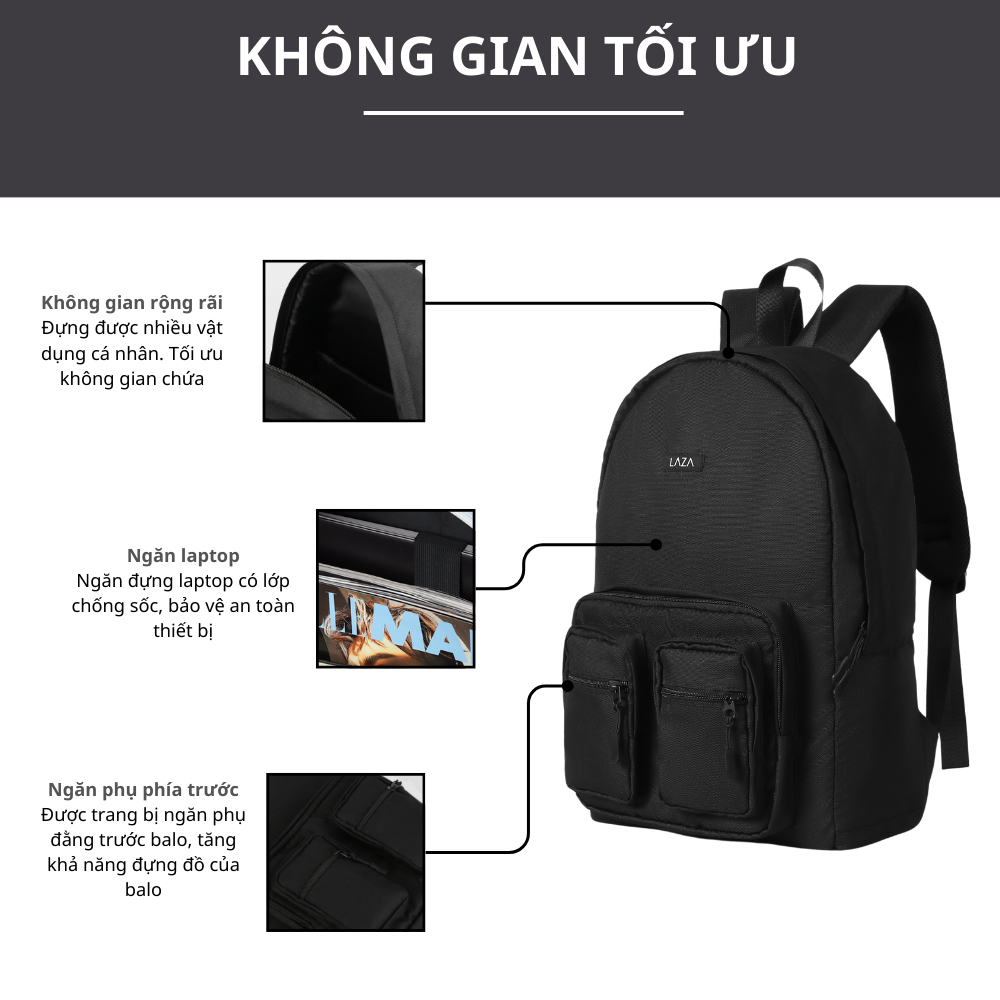 Balo LAZA Zio Backpack 516 - Thiết kế tối ưu nhiều ngăn tiện lợi - Đựng được laptop 15.6inch