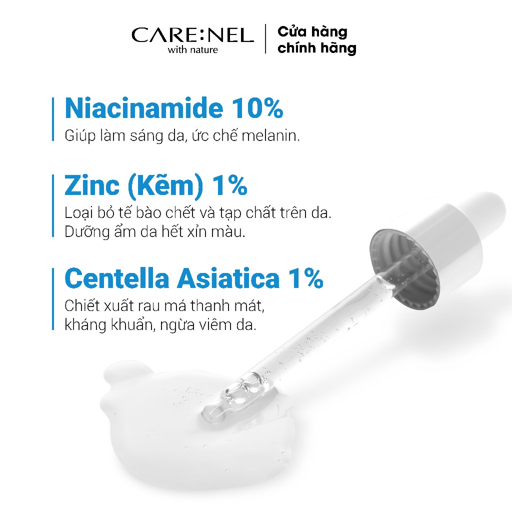 Serum Niacinamide dưỡng trắng da mặt mờ thâm ngừa mụn đầu đen CARE:NEL NIACINAMIDE 10% ZINC PCA 1% 30ml