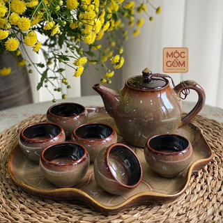 Bộ ấm chén uống trà sứ Bát Tràng, khay họa tiết lá sen cao cấp | Mộc Gốm AC01