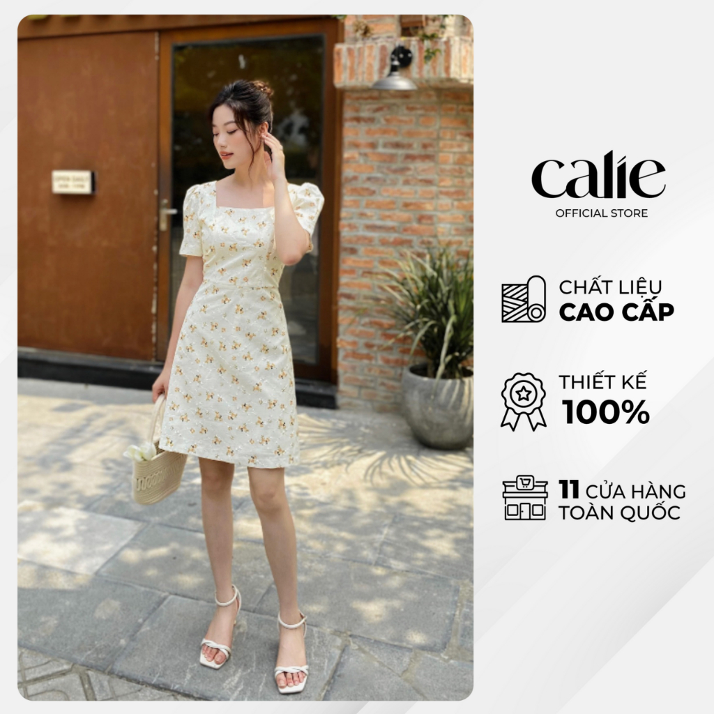 Váy dáng A cổ vuông tay bồng tôn dáng thời trang Calie va303