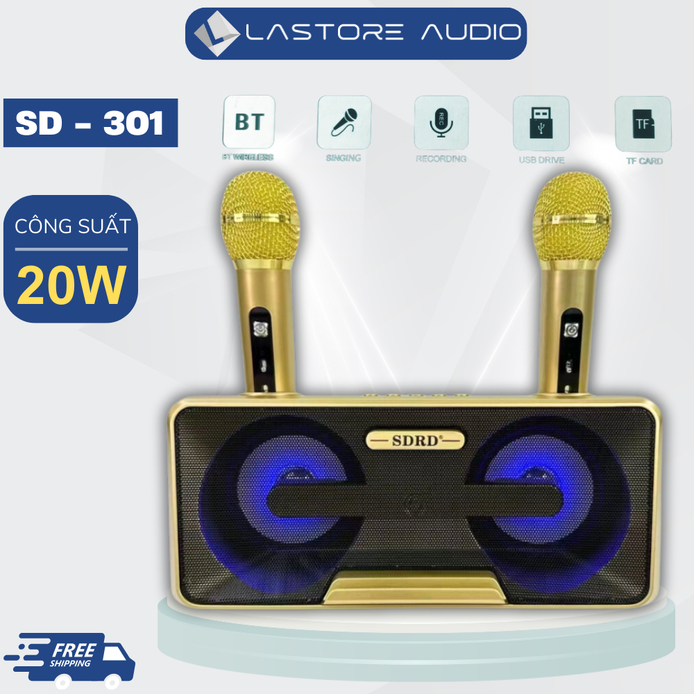 Loa Karaoke SDRD SD-301 Cao Cấp Kèm 2 Mic Không Dây Có Đèn Led / Loa Bluetooth Mini Thế Hệ Mới, Âm Bass Siêu Đỉnh