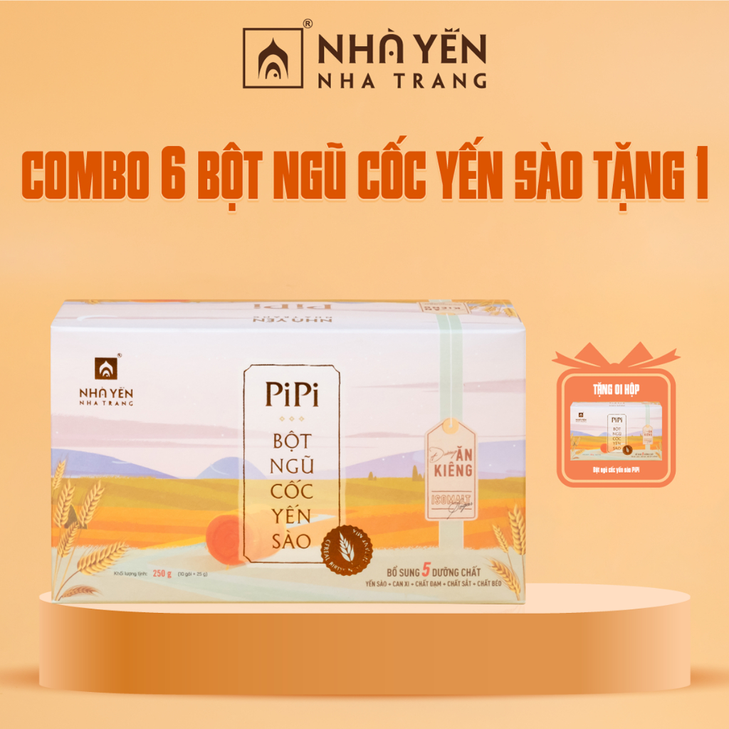 COMBO 6 hộp Bột ngũ cốc yến sào PiPi - Nhà Yến Nha Trang - Hộp 10 gói - Bột ngũ cốc ăn kiêng - Bột ngũ cốc dinh dưỡng