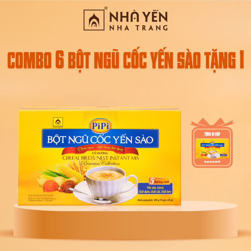 COMBO 6 hộp Bột ngũ cốc yến sào PiPi - Nhà Yến Nha Trang - Hộp 10 gói - Bột ngũ cốc dinh dưỡng