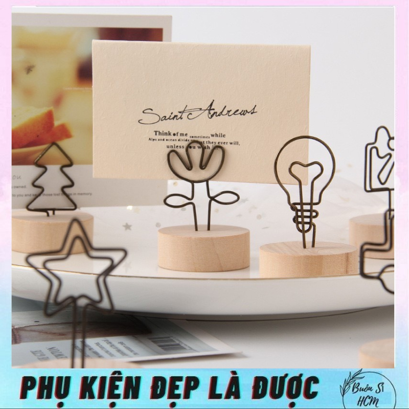 Kẹp gỗ, kẹp ảnh đế gỗ Decor bàn học, bàn làm việc, kẹp giấy ghi chú đế gỗ dày dặn, trang trí bàn xinh xắn, không gỉ