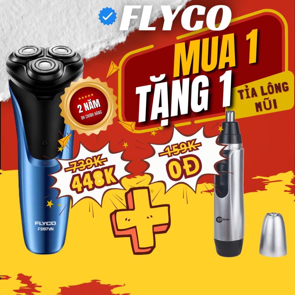 Máy Cạo Râu Flyco FS197VN 3 Lưỡi Kép Thân Máy Kháng Nước Sạc Nhanh 1 Giờ - Hàng Chính Hãng