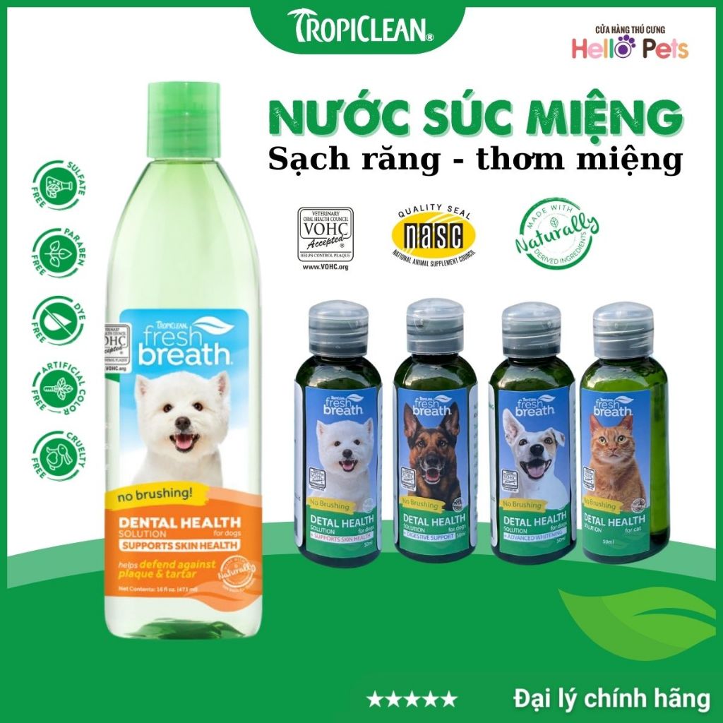 50ml-Nước uống vệ sinh răng miệng cho chó giúp sạch răng thơm miệng Dental Health Solution Fresh Breath Tropiclean 118ml