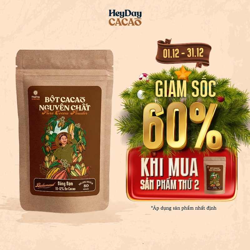 Túi 80g Bột cacao nguyên chất 100% Heyday - Dòng Balanced phổ thông