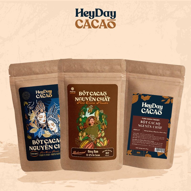 Combo 3 Túi 100% Bột Cacao Nguyên Chất Heyday- Túi Origin 50g, Túi Balanced 80g, Túi Natural 50g - Heyday Cacao