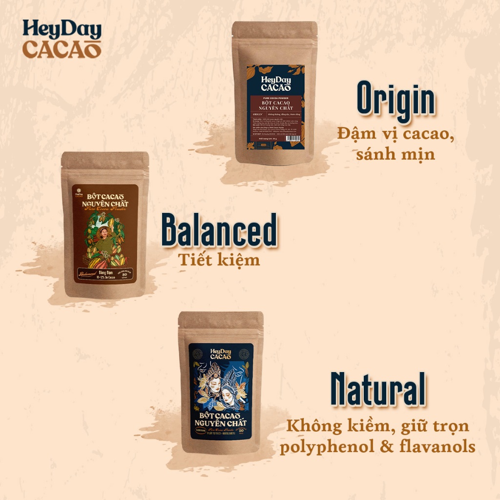 Combo 3 Túi 100% Bột Cacao Nguyên Chất Heyday- Túi Origin 50g, Túi Balanced 80g, Túi Natural 50g - Heyday Cacao