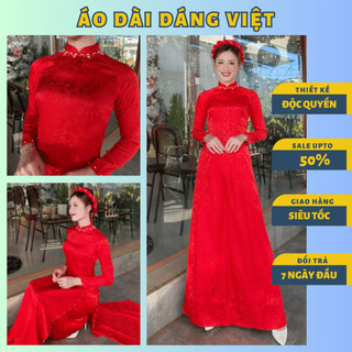 Áo dài đám cưới cô dâu chất liệu gấm màu đỏ đính hạt pha lê truyền thống may sẵn cao cấp