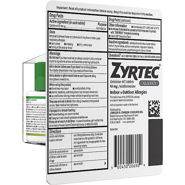 Zyrtec Antihistamine Allergy Cetirizine HCI 10mg - Viên uống dị ứng mũi 90 viên