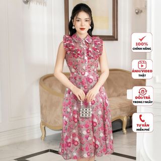 Đầm thiết kế cao cấp FIONA dáng xòe váy hoa nhí cổ đức phối nẹp mở thân trước bèo kẹp dập nhăn F413185