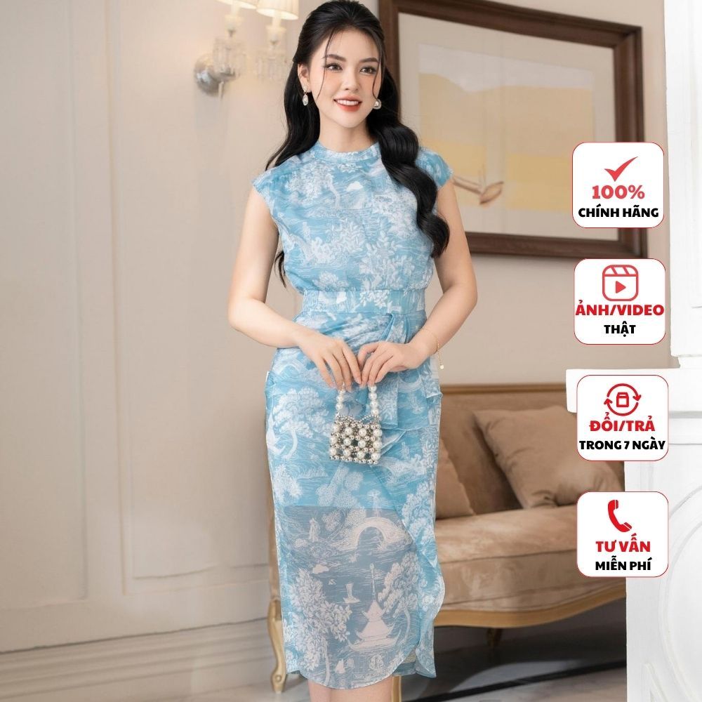 Đầm thiết kế cao cấp FIONA tơ hoa dáng bom váy sát nách cổ bản 3 cm tay liền tùng váy bèo rủ lệch F413213
