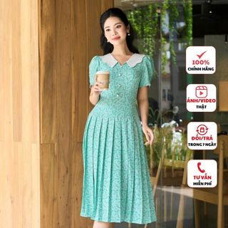 Đầm công sở nữ FIONA váy thiết kế cao cấp họa tiết hoa nhí dáng xòe cổ trắng lượn sóng trẻ trung F413158