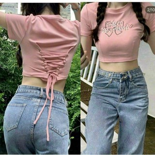Áo croptop tay ngắn cổ tròn phối dây eo cực xinh, Áo kiểu nữ ôm body