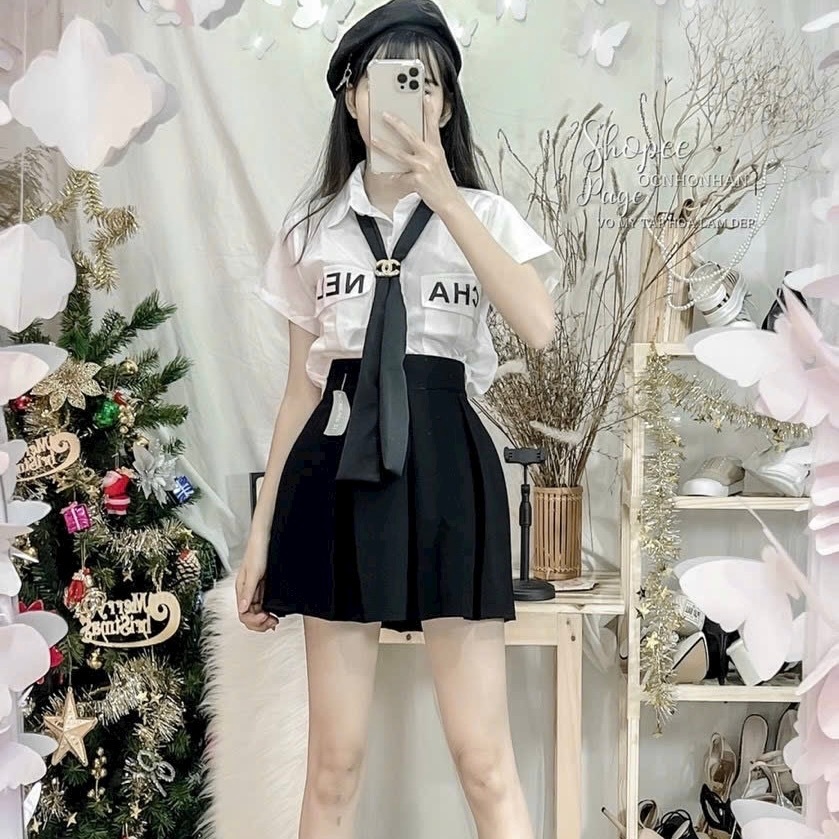 Áo sơmi croptop phối cà vạt bánh bèo dễ thương