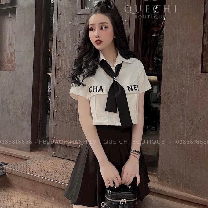 Áo sơmi croptop phối cà vạt bánh bèo dễ thương